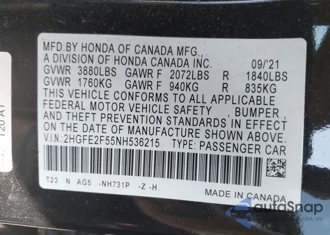 2022 Honda Civic Sport from USA, damaged, VIN 2HGFE2F55NH536215